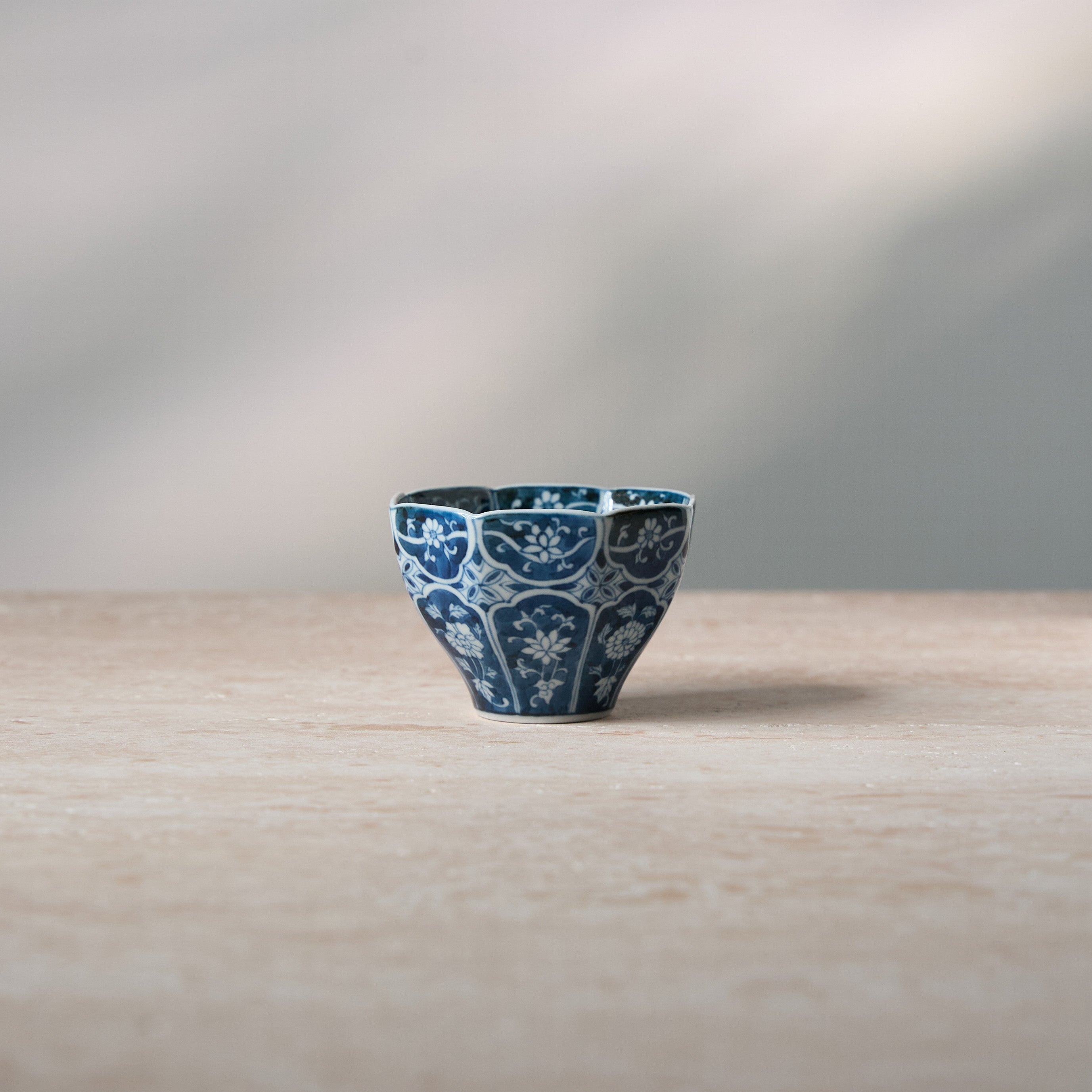 Floral Blue-and-White Octagonal Tea Cup