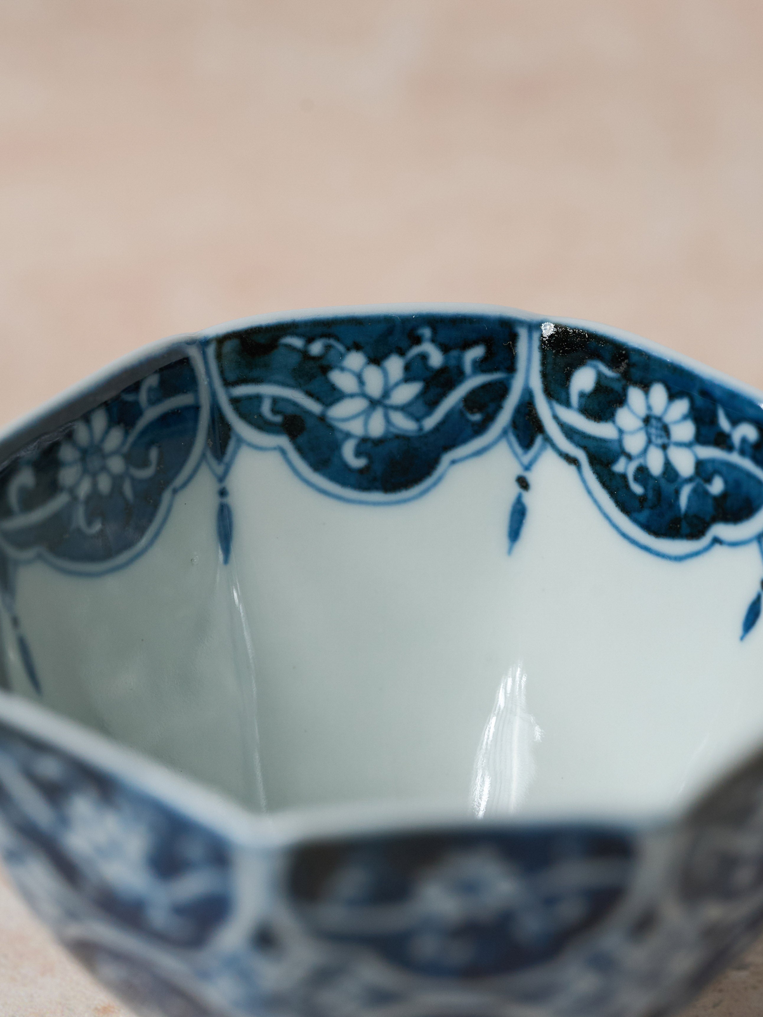 Floral Blue-and-White Octagonal Tea Cup