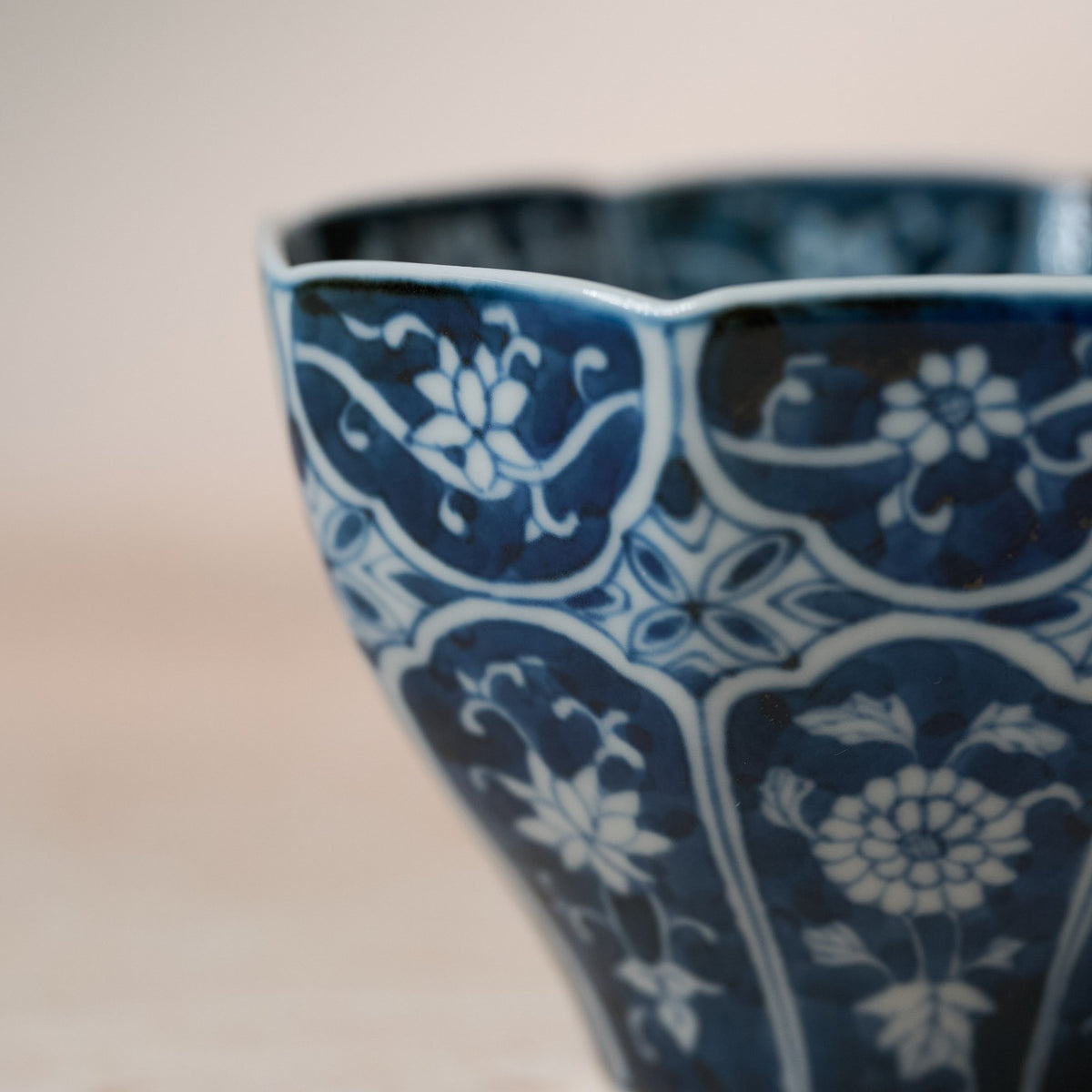 Close-up of the decorative pattern on Floral Blue-and-White Octagonal Tea Cup