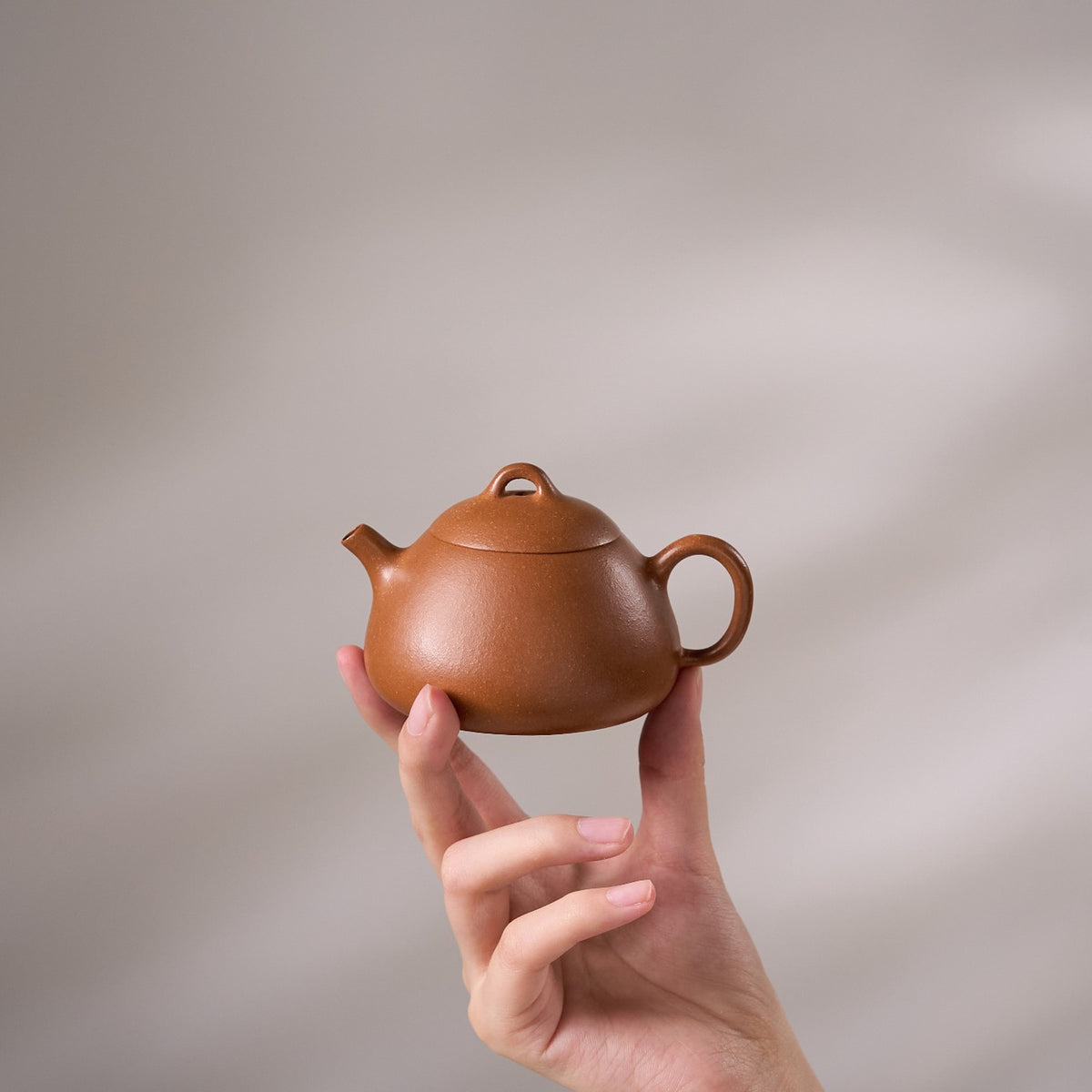 Qin Weight Yixing Zisha Teapot held in hand for scale