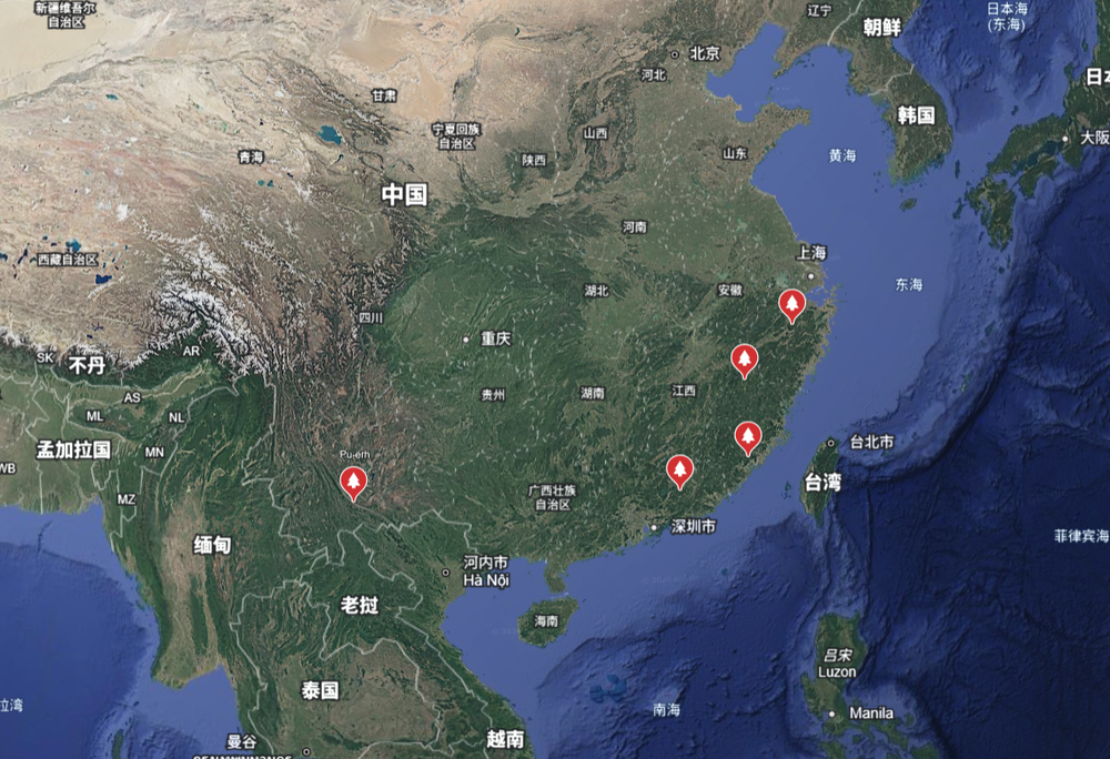 Regional overview map of China showing tea-growing areas in the south and east