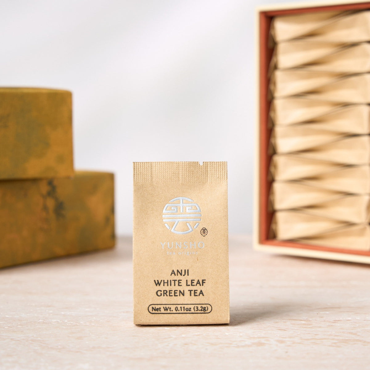 Individual sachet packaging for Anji Bai Cha Green Tea