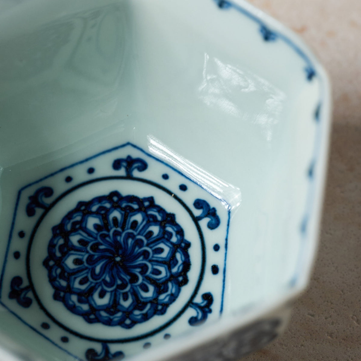 Interior decorative pattern detail of Auspicious Motif Blue-and-White Hexagonal Tea Cup