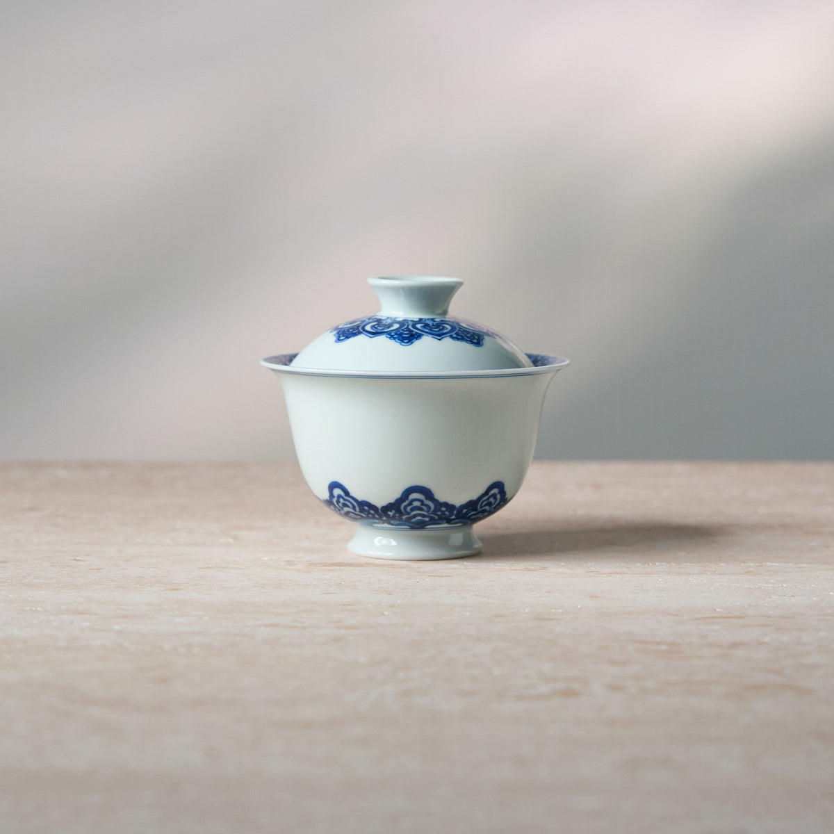 Front view of Baoxiang Floral Blue-and-White Porcelain Gaiwan