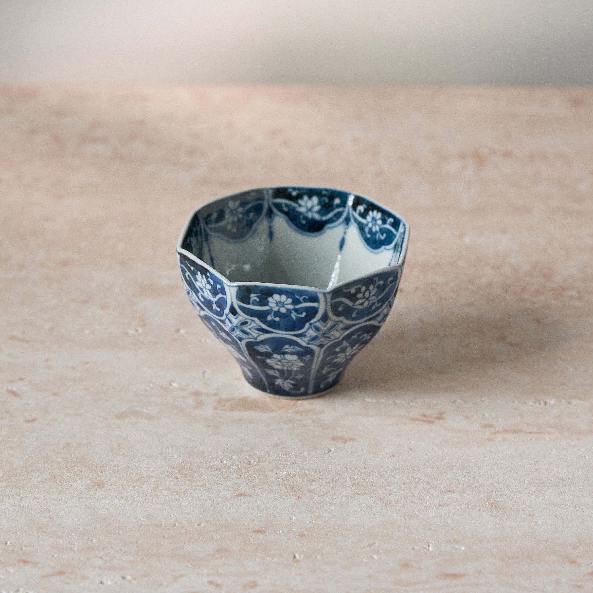 Floral Blue-and-White Octagonal Tea Cup