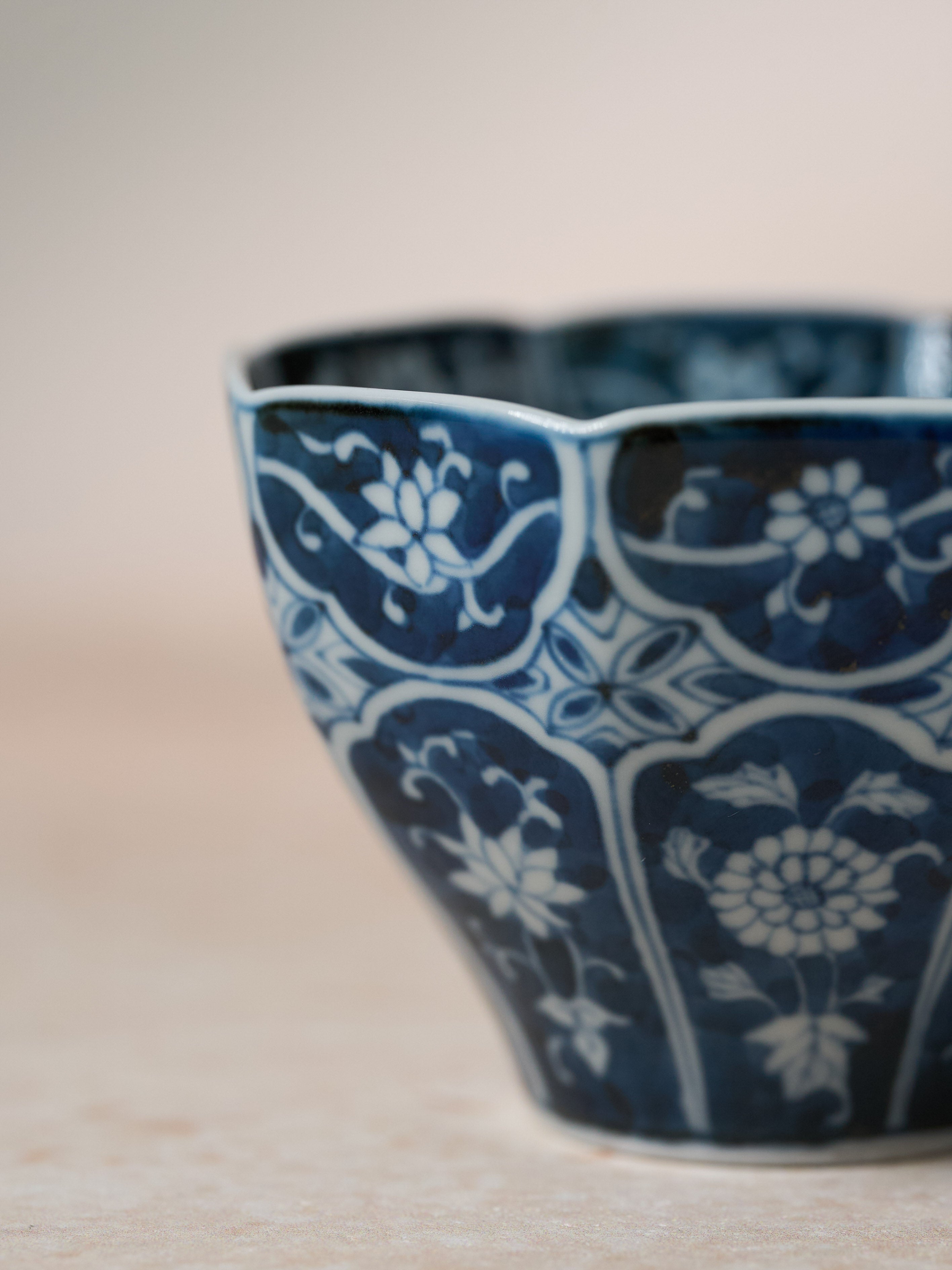 Floral Blue-and-White Octagonal Tea Cup