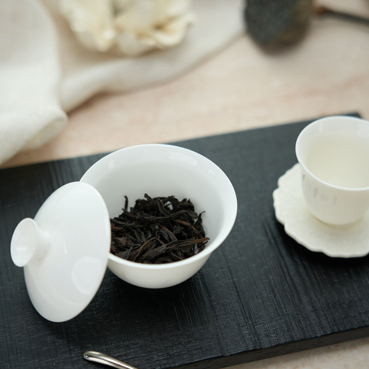 Eggshell Bone China Gaiwan in a styled gongfu tea setting