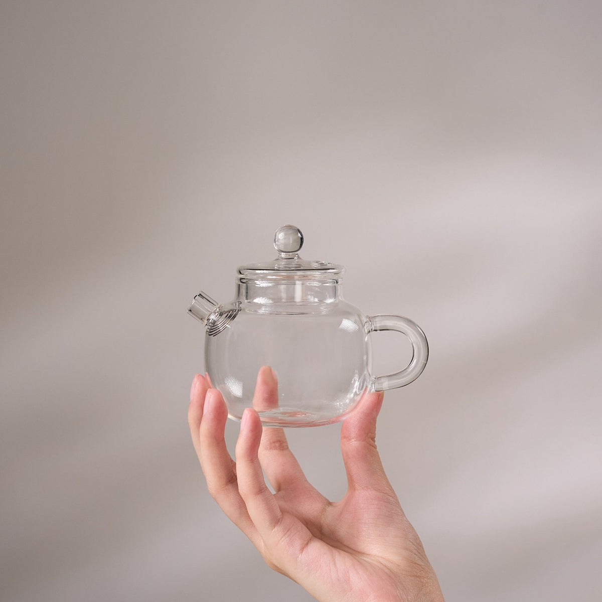 Glass Gongfu Teapot held in hand for scale