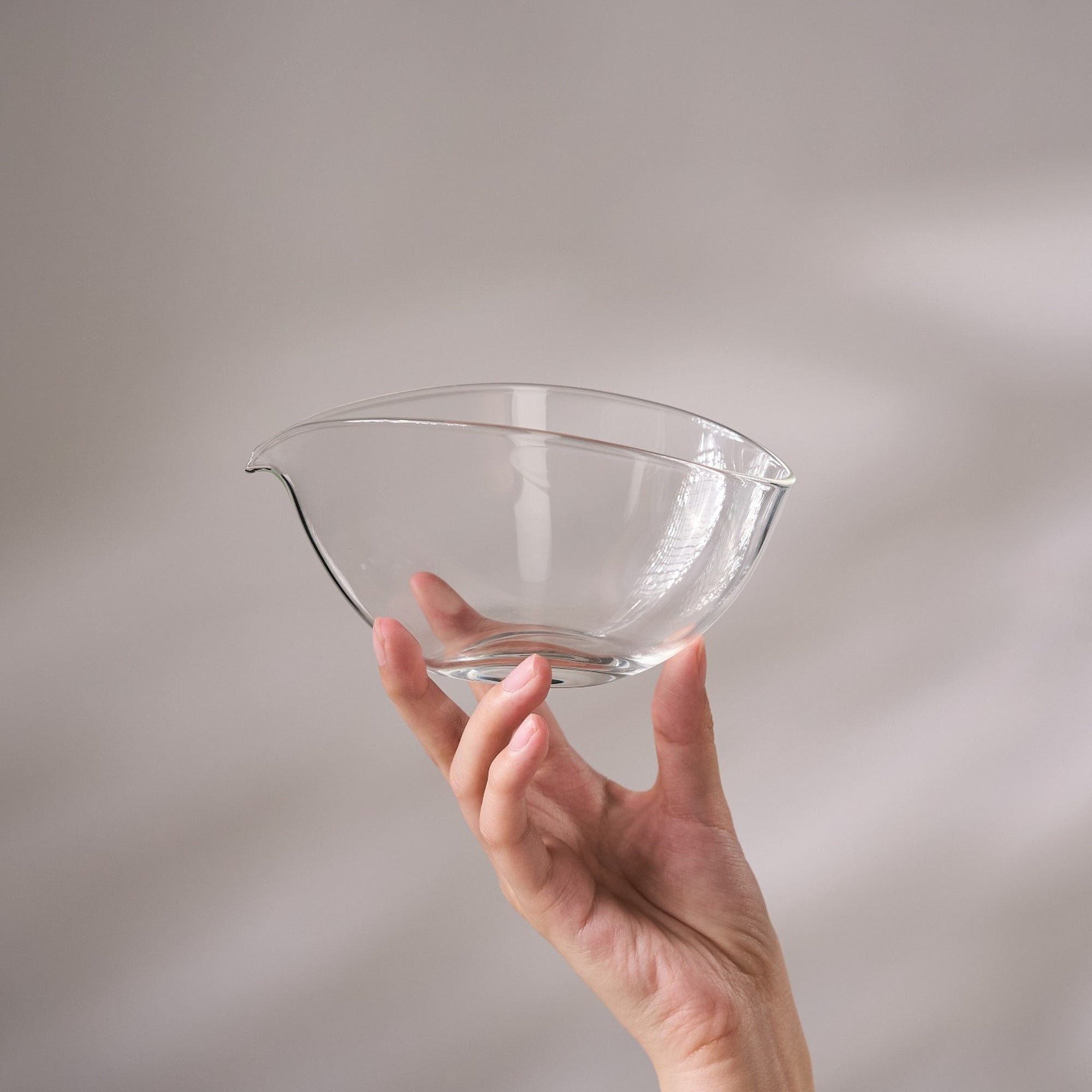 Leaf Boat Glass Fairness Pitcher held in hand for scale