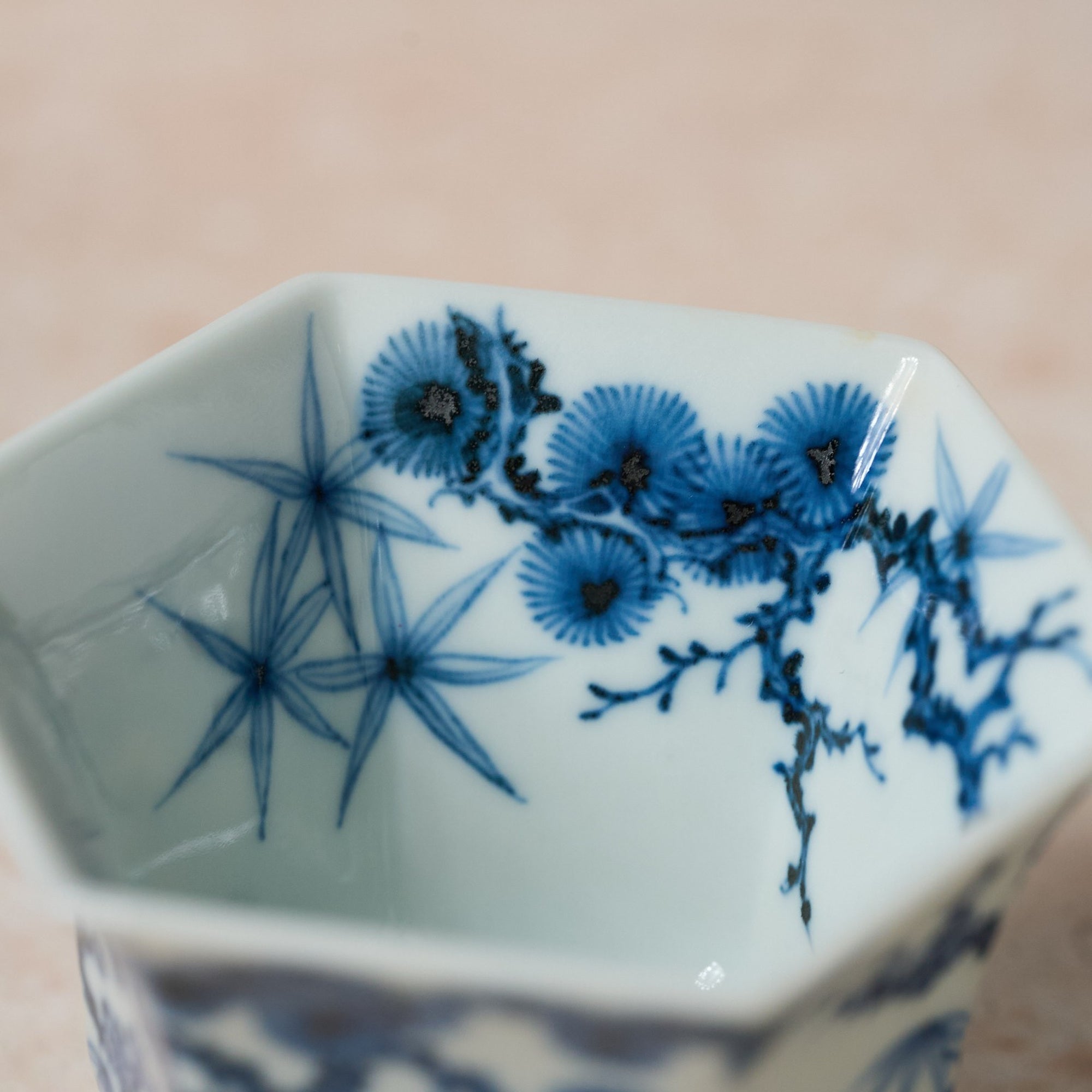Interior detail of Three Friends of Winter Hand-Painted Octagonal Tasting Cup