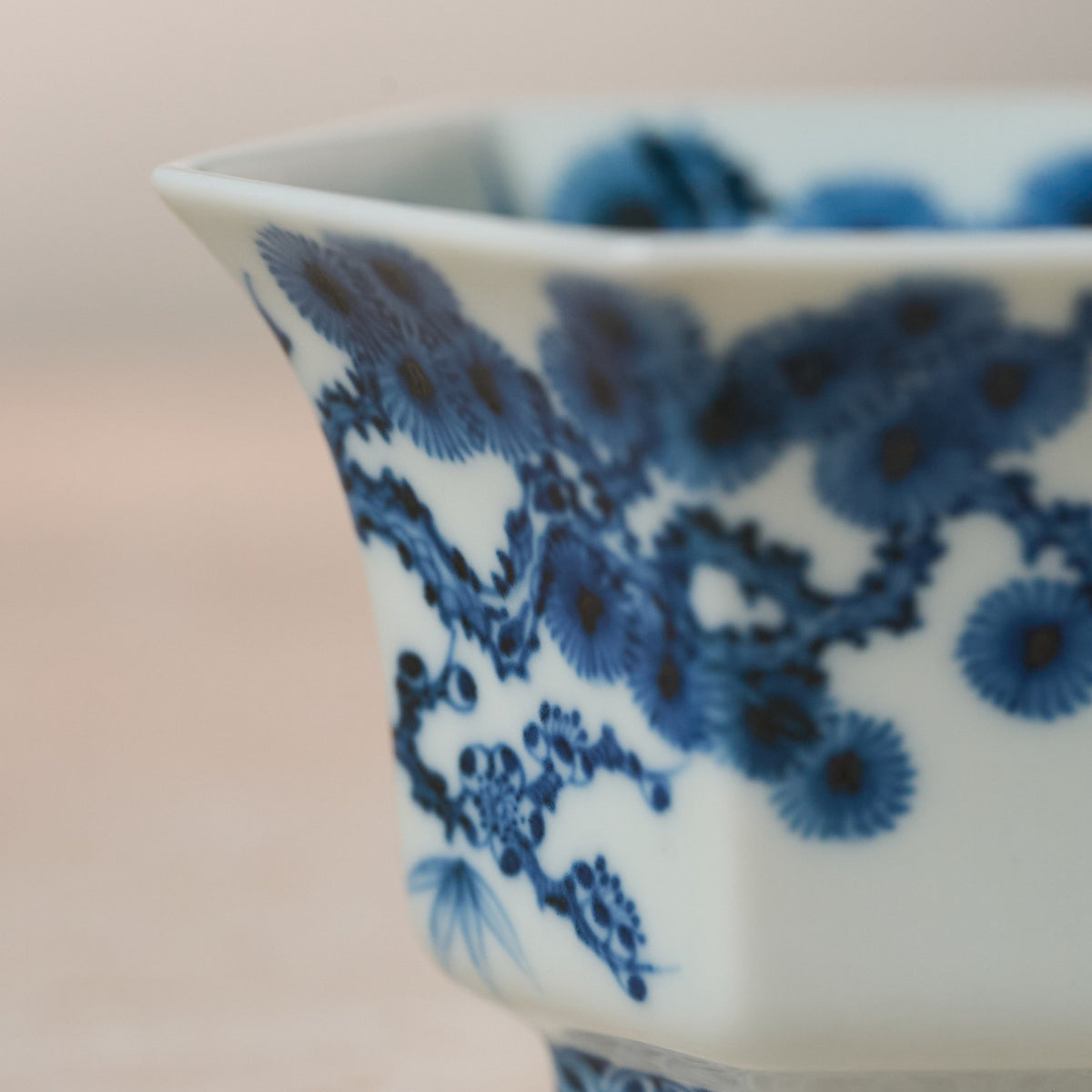 Exterior detail of Three Friends of Winter Hand-Painted Octagonal Tasting Cup