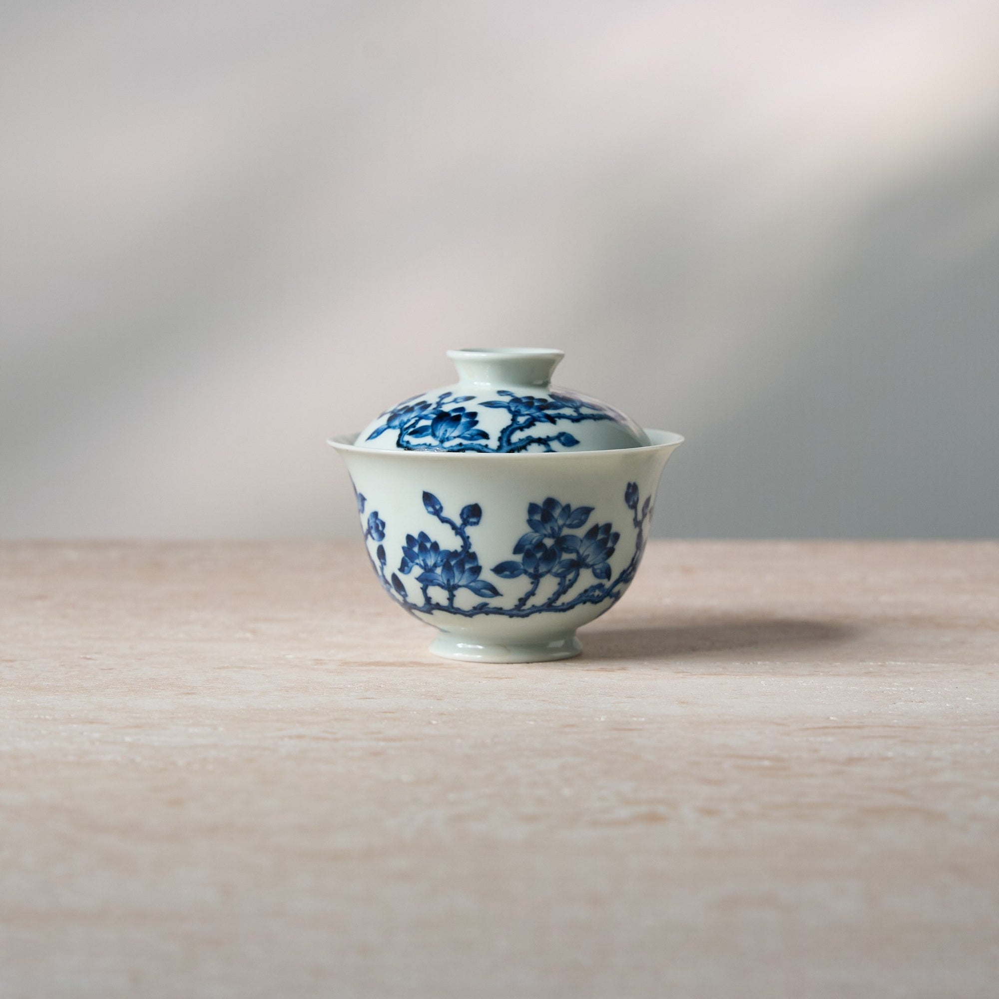 Front view of White Magnolia Blue-and-White Porcelain Gaiwan