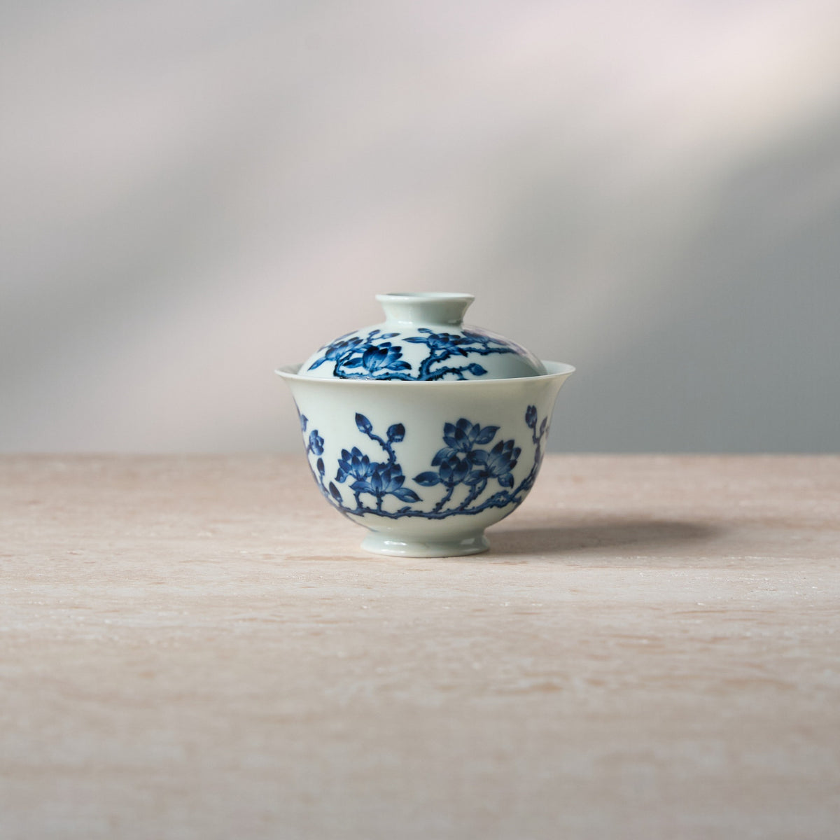 Front view of White Magnolia Blue-and-White Porcelain Gaiwan