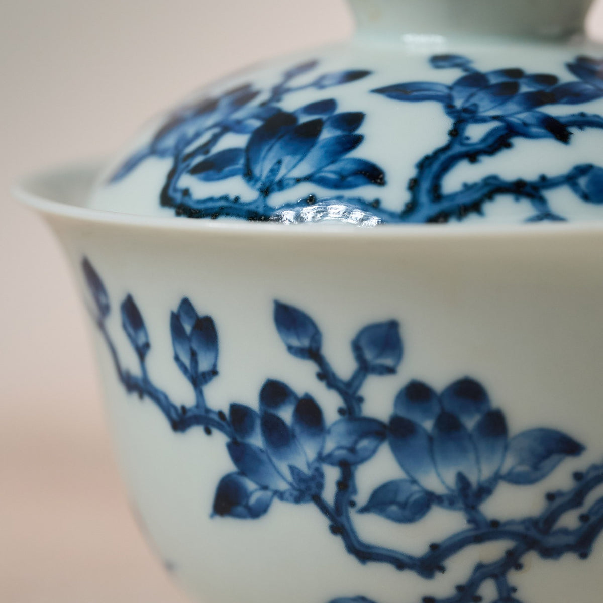 Exterior detail of White Magnolia Blue-and-White Porcelain Gaiwan