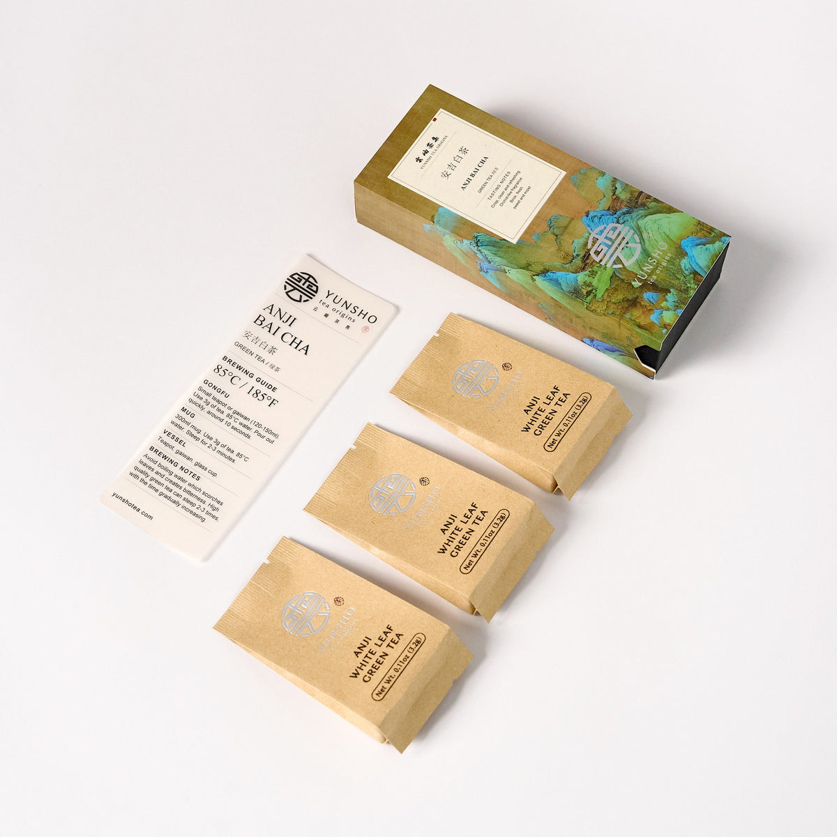 Anji Bai Cha Green Tea tasting pack with 3 individually wrapped tea pouches