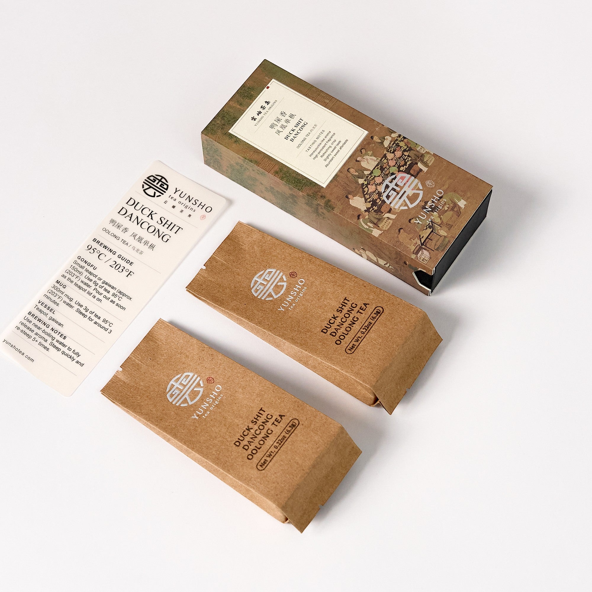 Duck Shit Dancong Oolong Tea tasting pack with 2 individually wrapped tea pouches