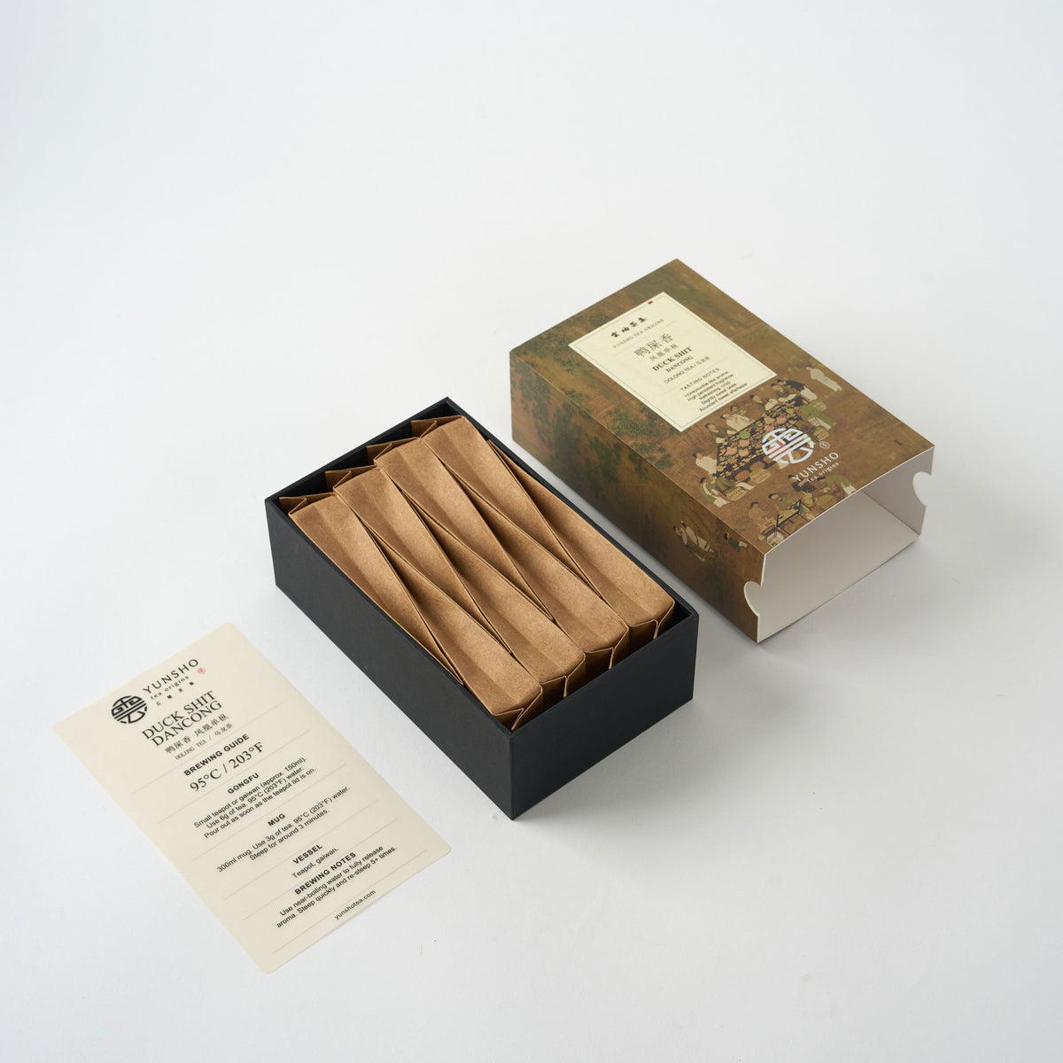 Open Duck Shit Dancong Oolong Tea Classic Box with individually wrapped tea pouches and a tea information card