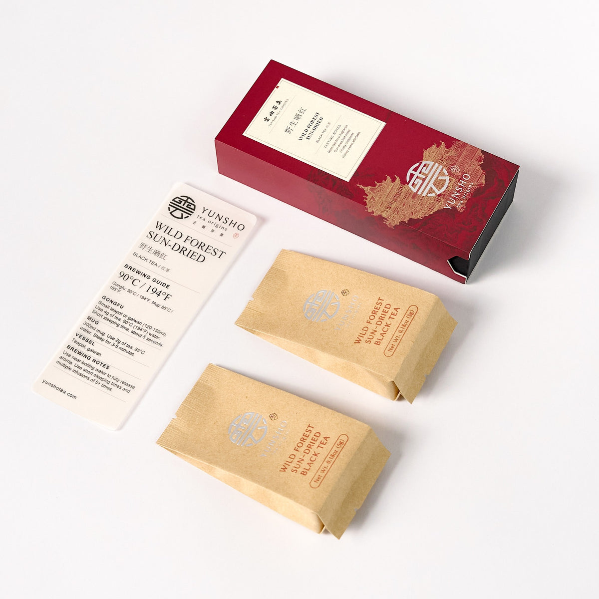 Wild Forest Sun-Dried Black Tea tasting pack with 2 individually wrapped tea pouches