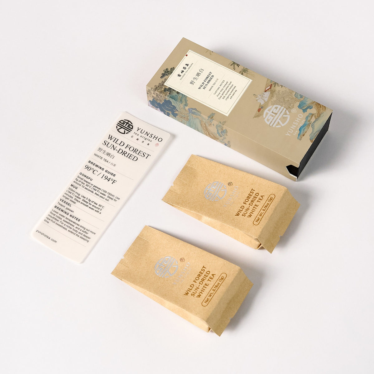 Wild Forest Sun-Dried White Tea tasting pack with 2 individually wrapped tea pouches