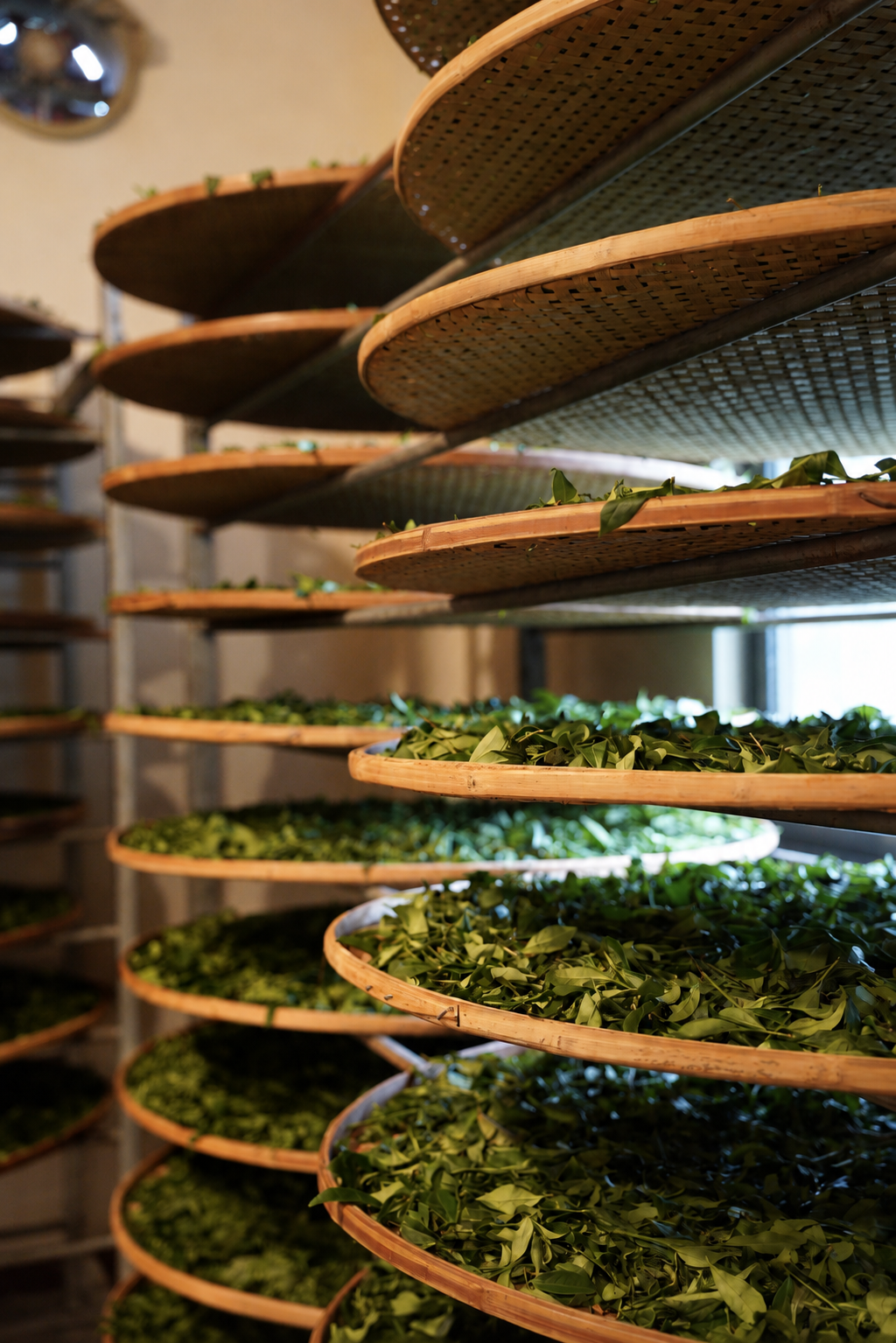Tea leaves spread on round woven trays arranged on racks