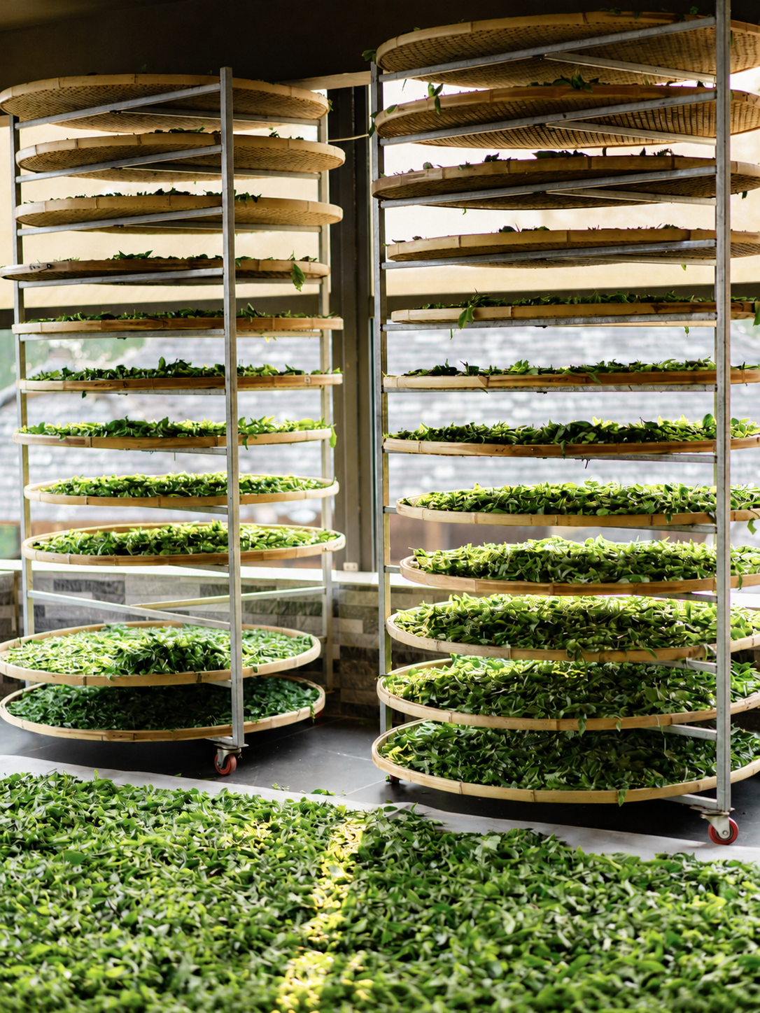 Green leaves on round bamboo trays arranged on metal racks