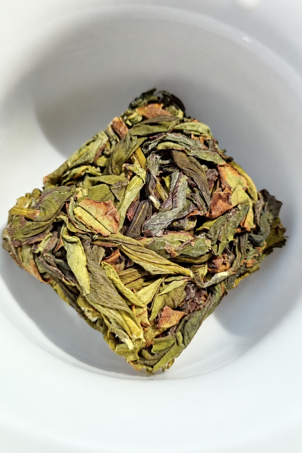 A square of pressed tea in a white bowl with individual leaves visible